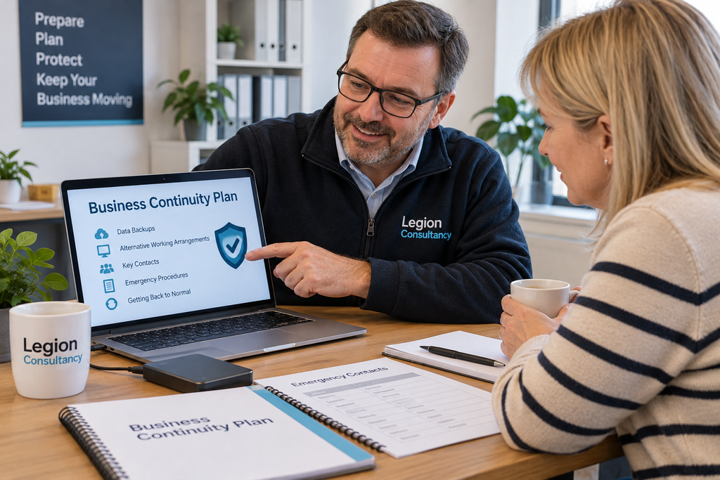 Legion Consultancy helping a small business owner prepare a business continuity and disaster recovery plan.