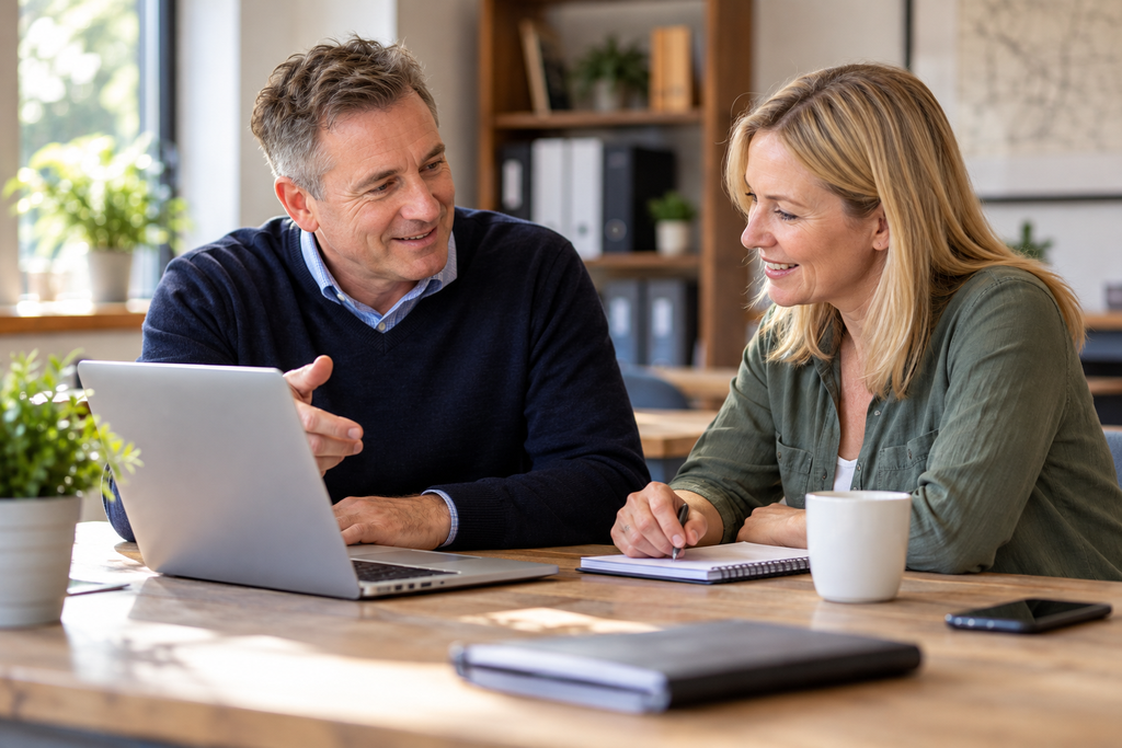 Friendly business consultancy and digital support session, with a consultant helping a small business owner using a laptop.