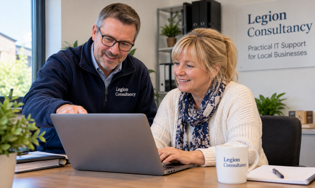Friendly business IT support from Legion Consultancy, helping a small business owner with their laptop.
