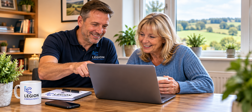 Legion Consultancy computer support session helping a customer with a laptop at home
