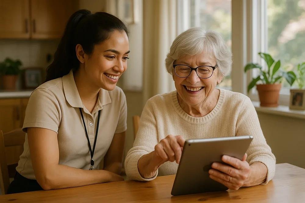 Friendly one-to-one technology training with an older person learning to use a computer